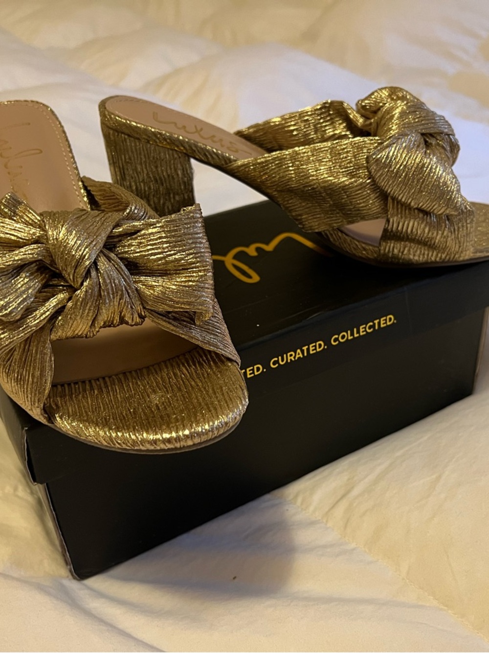 Lulus Dorothea Gold Bow Block Heel Mules/Sandals - Picture 6 of 8